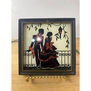 Vintage Framed Reverse Painted Art Deco Couple On Balcony Black & Red Wall Décor